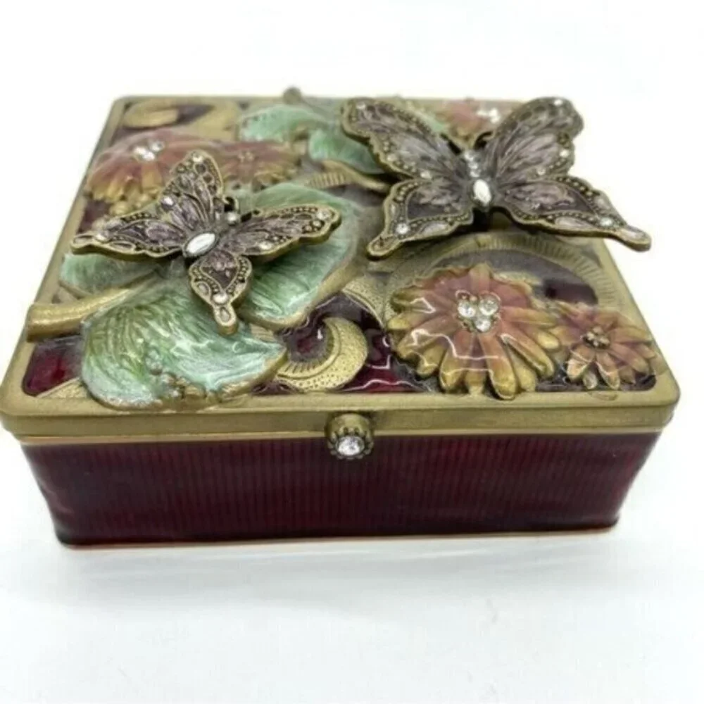 Vintage Floral Butterfly Enamel Rhinestone Jewelled Trinket Box